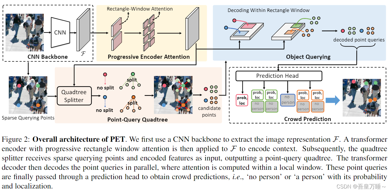   图 2：PET 的整体架构。我们首先使用 CNN 主干提取图像特征 F。然后将具有渐进矩形窗口注意的变压器编码器应用于 F 以编码上下文。随后，四叉树拆分器接收稀疏查询点和编码特征作为输入，输出点查询四叉树。然后变压器解码器并行解码点查询，其中注意力是在局部窗口内计算的。这些点查询最终通过一个预测头来获得人群预测，即“没有人”或“一个人”及其概率和定位。  