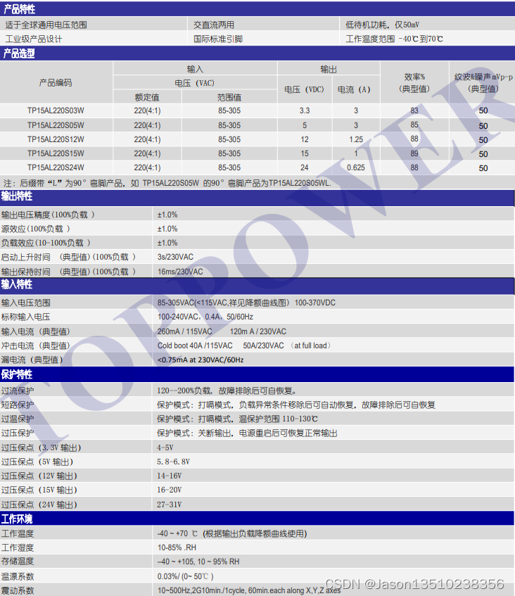 15W 3KVAC隔离 宽电压输入 AC/DC 电源模块——TP15AL系列