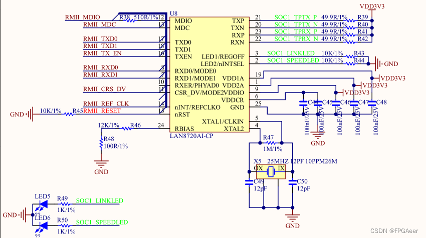 所以添加网络芯片,我们选用常用的phy芯片,型号为lan8720a,硬件原理图