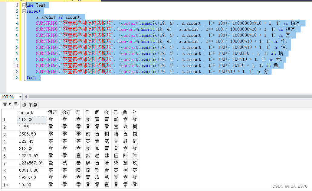 SQL 金额数值转换成中文大写