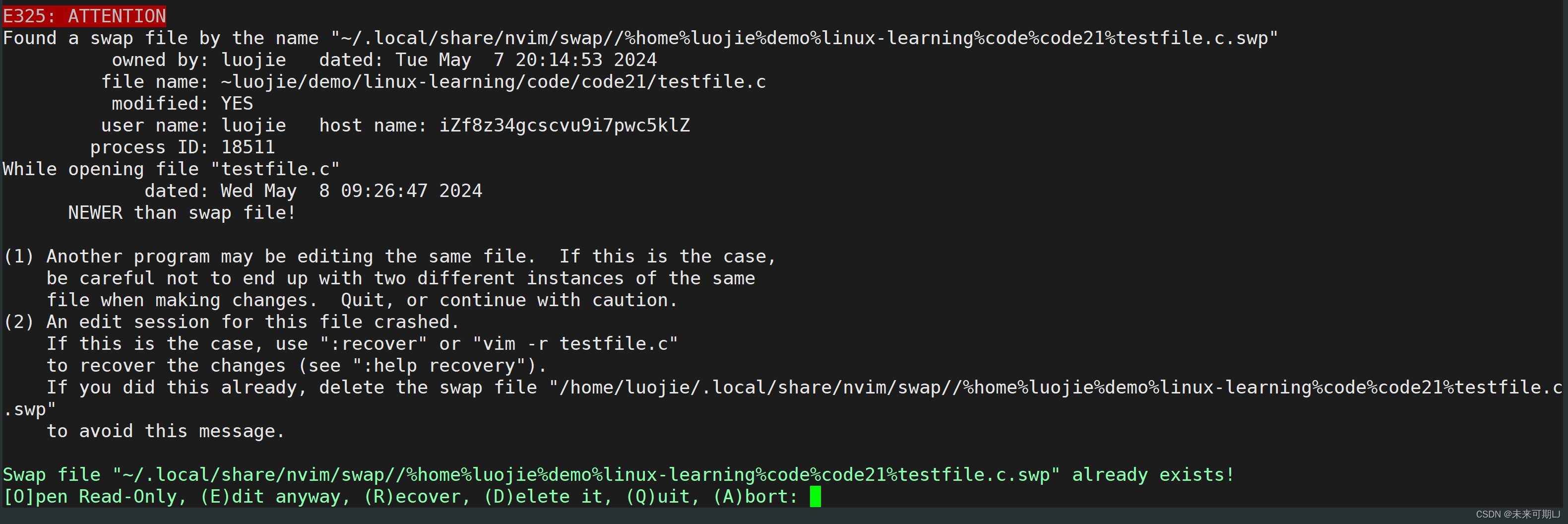 【Linux BUG合集】Linux 中解决用 vim 打开文件<span style='color:red;'>的</span>时候报 E325: ATTENTION 错误<span style='color:red;'>❗</span>