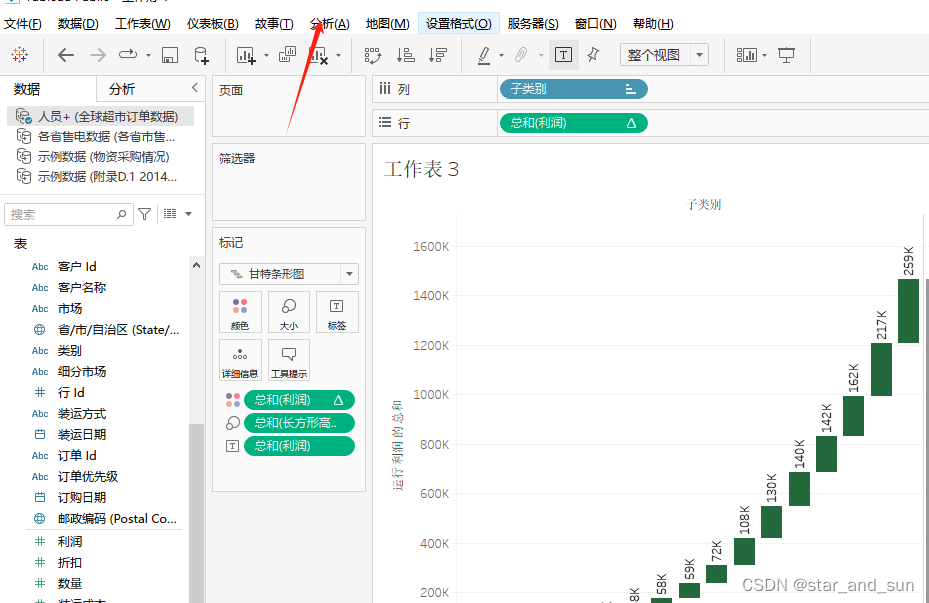 tableau基础学习——添加标靶图、甘特图、瀑布图