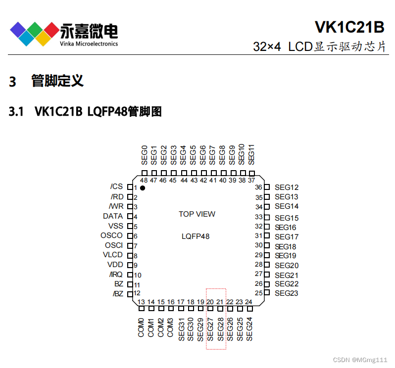 32x4点阵式LCD驱动芯片/抗干扰段码屏驱动/仪器仪表液晶驱动IC- VK1C21A/B SSOP48/LQFP48 COG