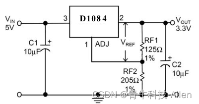 D1084 5A<span style='color:red;'>低压</span>差<span style='color:red;'>电压</span>调整器应用方案，内含<span style='color:red;'>电流</span><span style='color:red;'>限制</span><span style='color:red;'>和</span>热<span style='color:red;'>保护</span>功能，防止任何过载时产生过<span style='color:red;'>高</span><span style='color:red;'>的</span>结温。