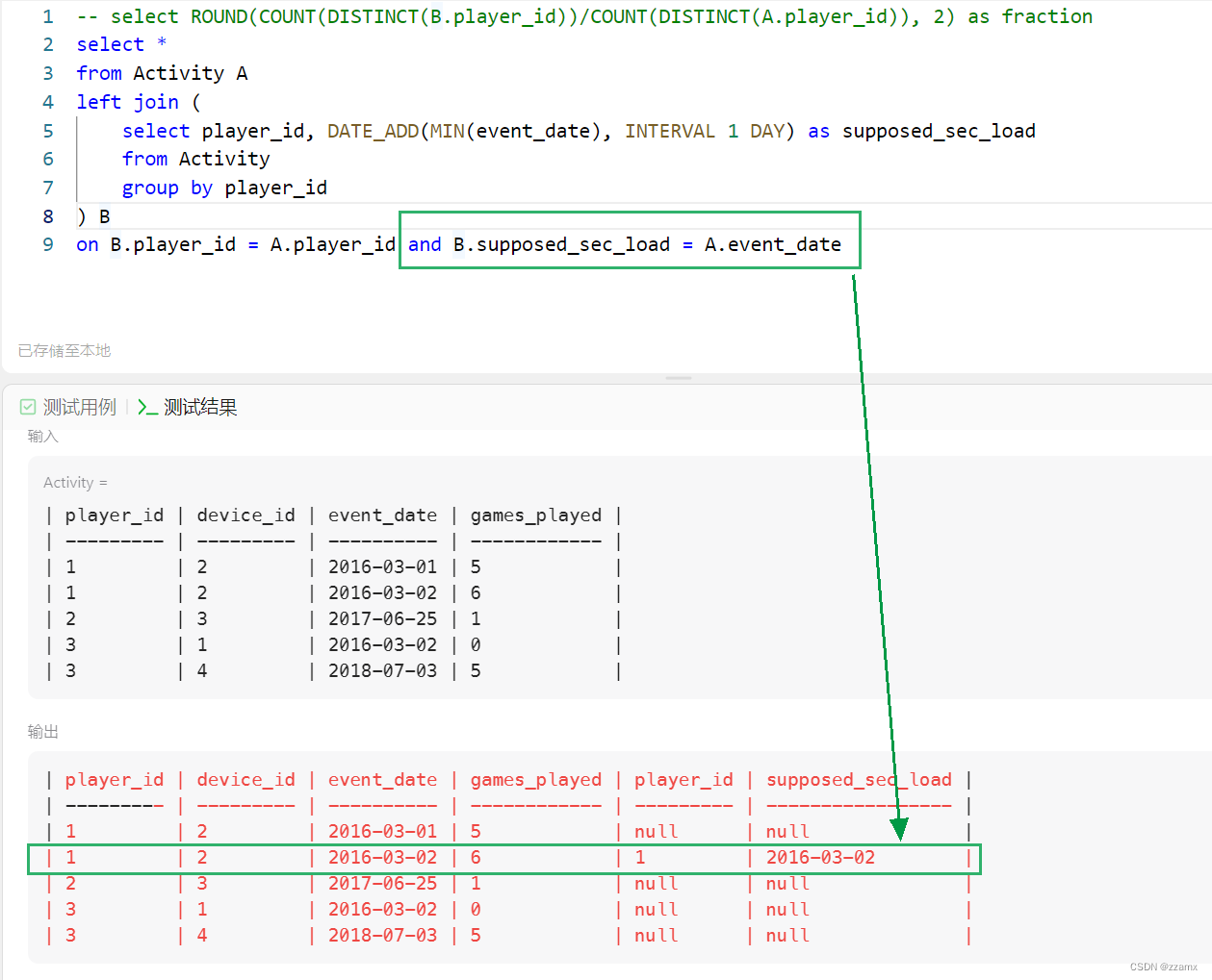 【SQL】550. 游戏玩法分析 IV (关键点：确定连续两次登录)