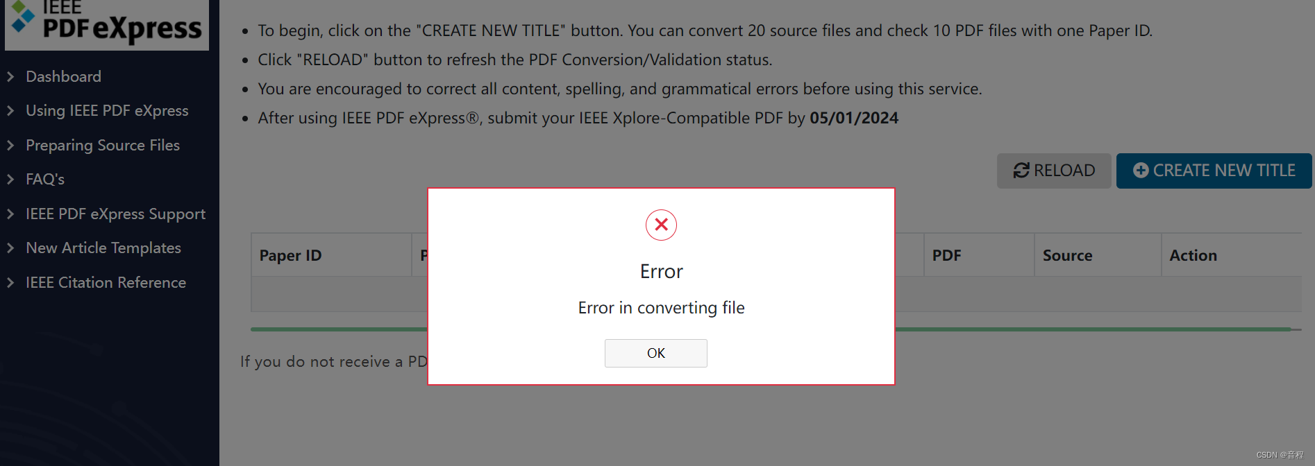 IEEE PDF eXpress Validating Pdf..之后Error in converting file