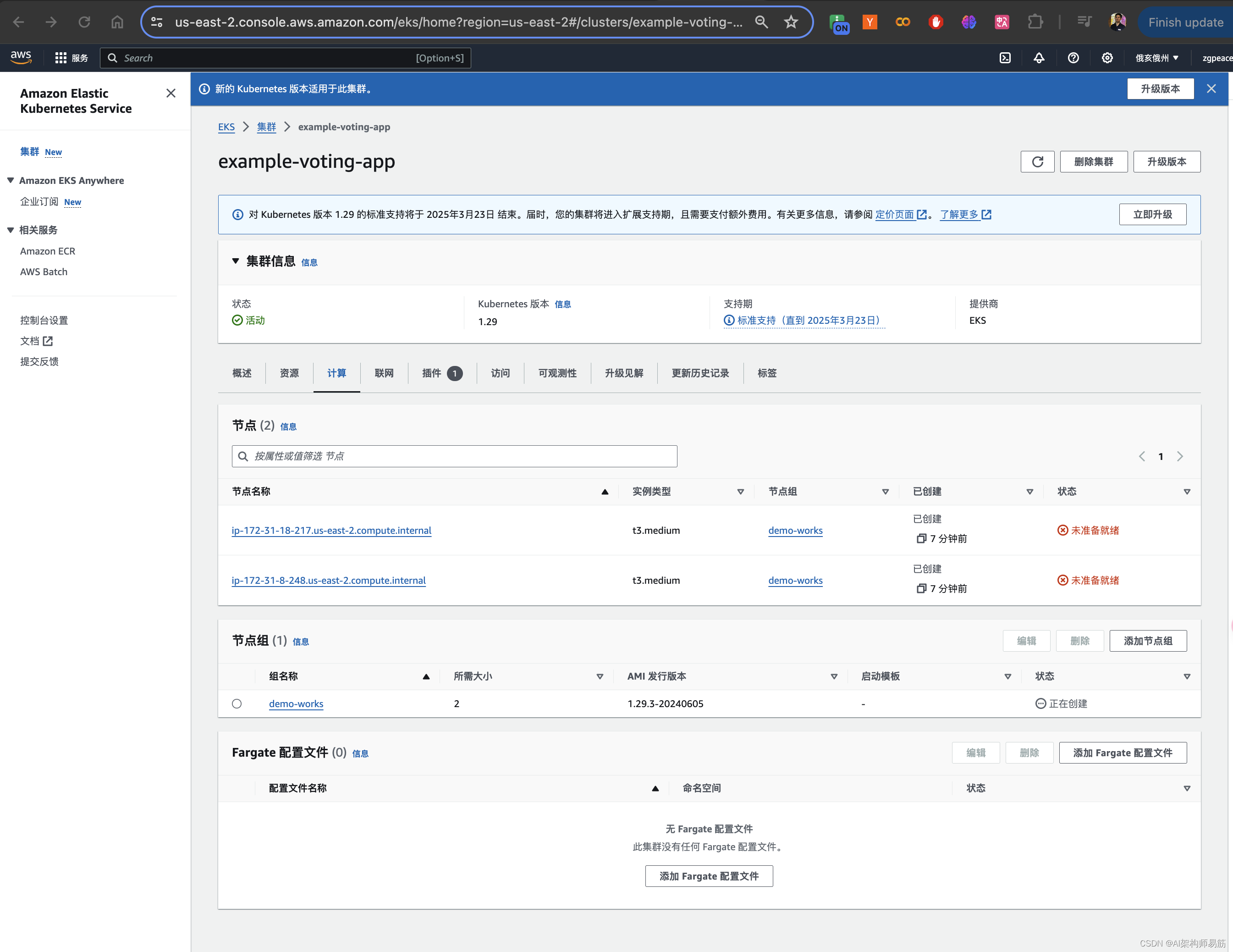 在AWS上运行的EKS Elastic Kubernetes Service 创建集群Cluster，Node group, Nodes