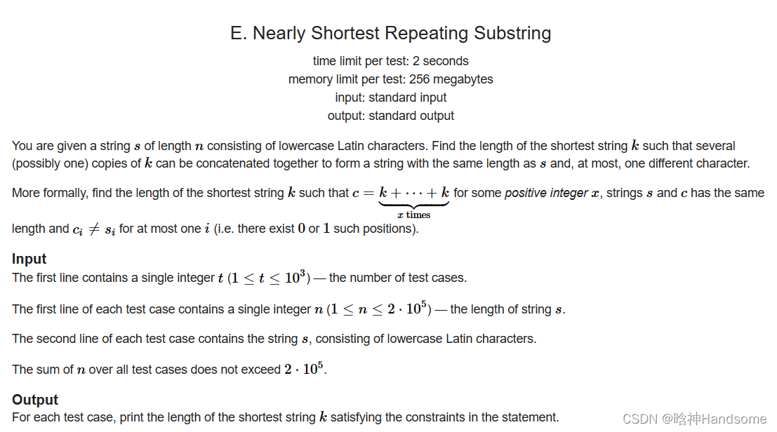 CodeForce[1500-2000]——1950E Nearly Shortest Repeating Substring