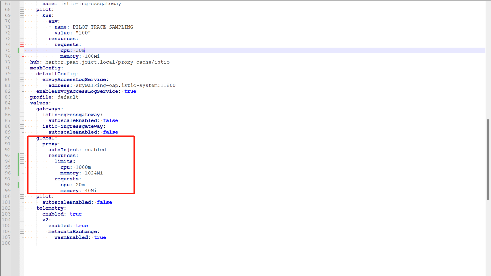 istio 设置 istio-proxy sidecar 的 resource 的 limit 和 request