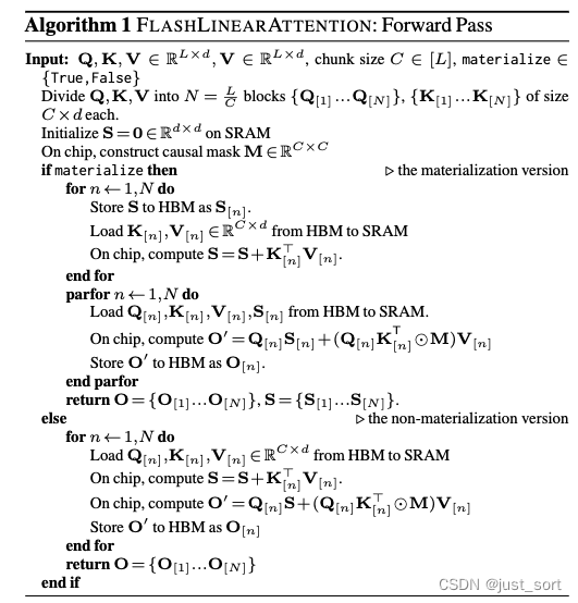 FLASHLINEARATTENTION的Forward Pass伪代码，materialize表示是否对隐藏状态S进行重计算