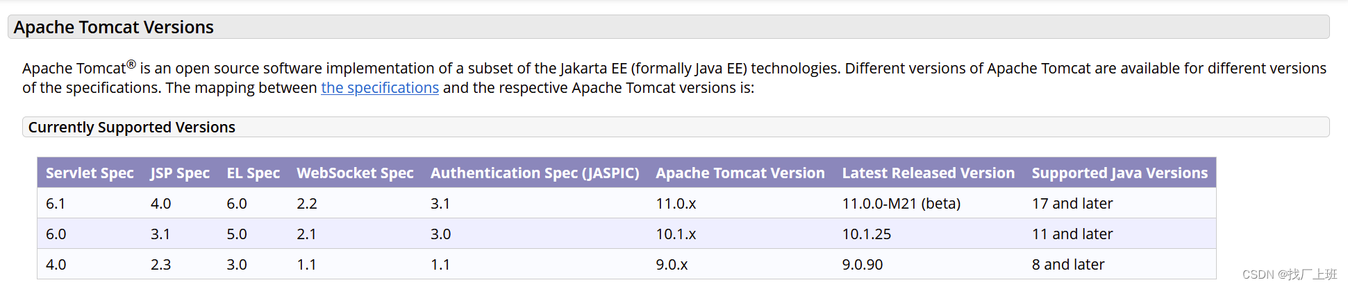 Tomcat版本与JDK版本匹配表