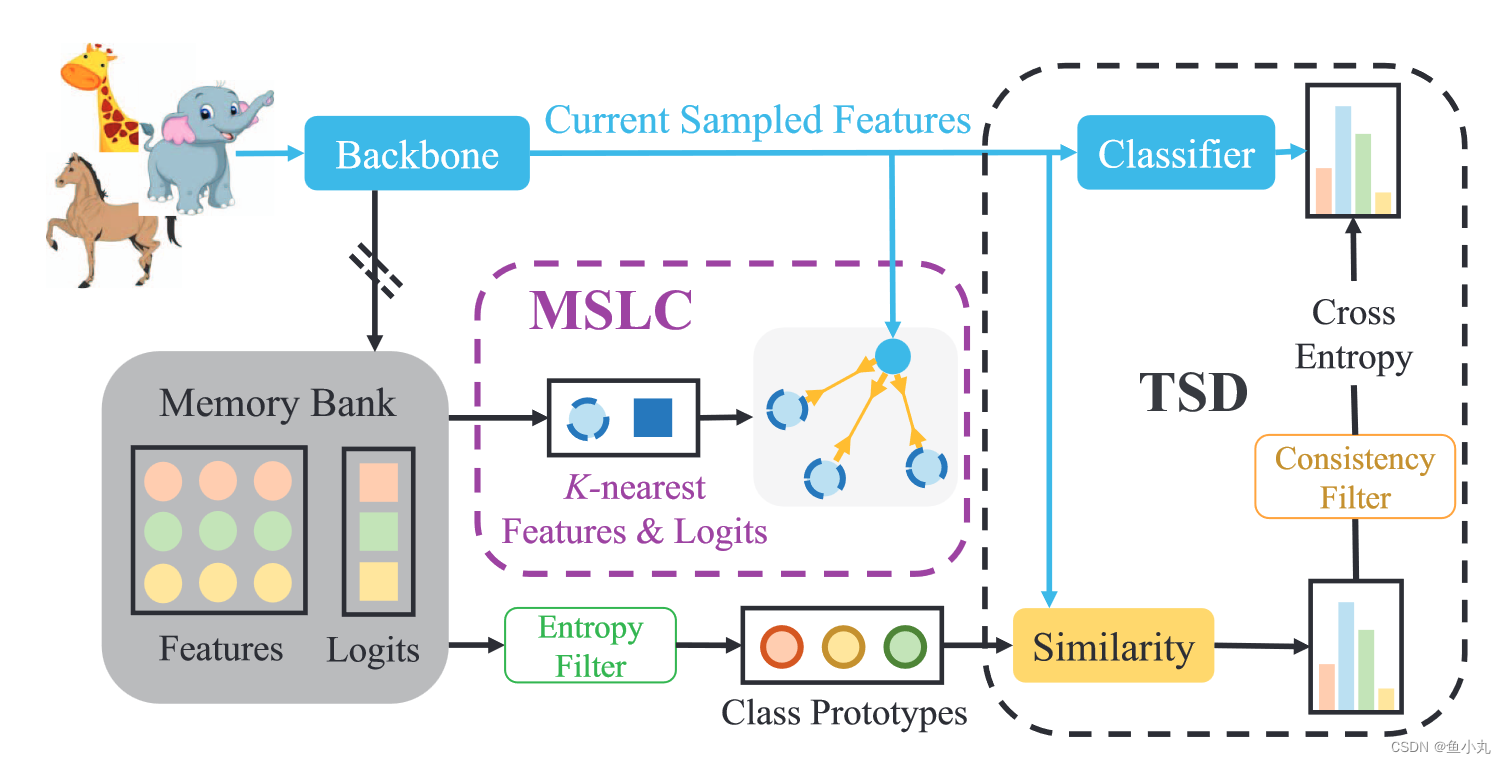 我们提出的方法概述。蓝线表示向前和向后，黑线仅表示向前（即没有梯度反向传播）。不同颜色的特征、日志和原型意味着不同的类别。MSLC：记忆空间局部聚类。TSD：测试时间自蒸馏。