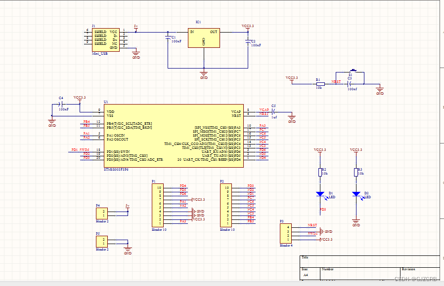 基于stm8s003f3p6单片机最小系统评估板硬件(原理图 pcb)工程文件,ad