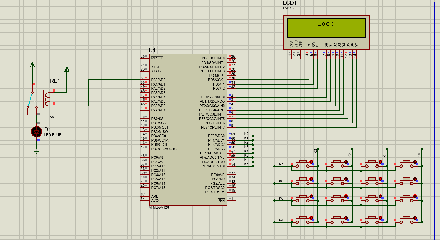 【TB作品】密码锁，ATMEGA128单片机，Proteus仿真