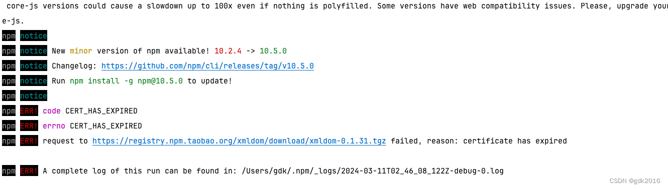 install npm<span style='color:red;'>报</span><span style='color:red;'>错</span>，提示这个certificate <span style='color:red;'>has</span> expired