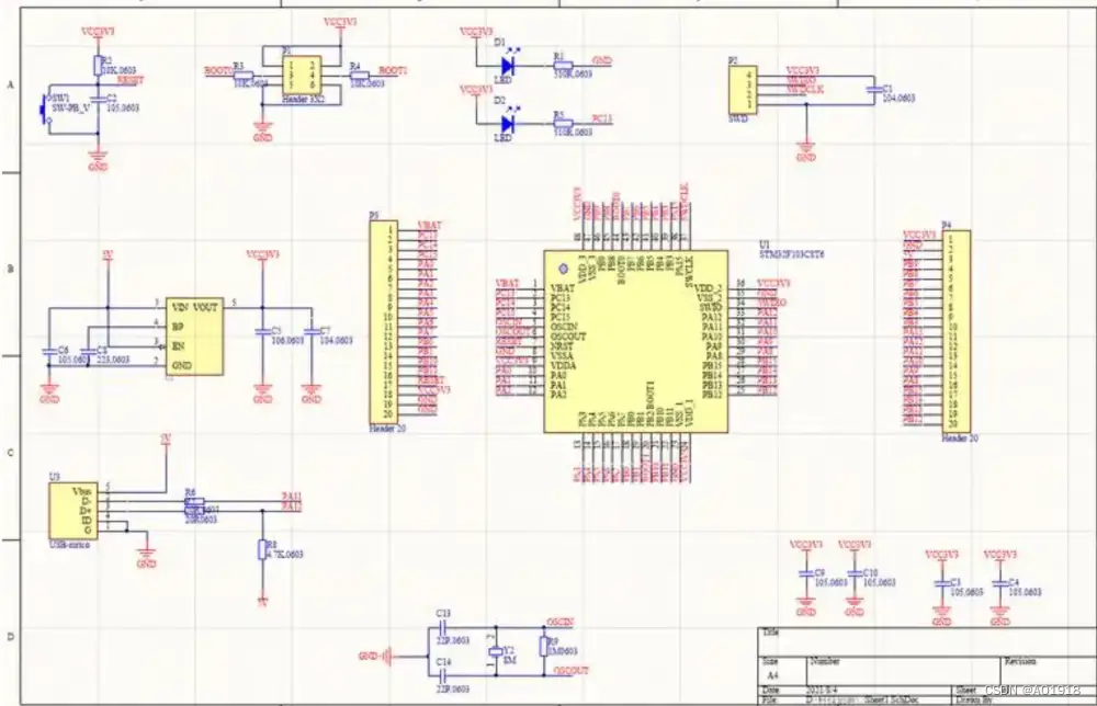 STM32F103最小系统核心板的电路原理图，图源来自网络