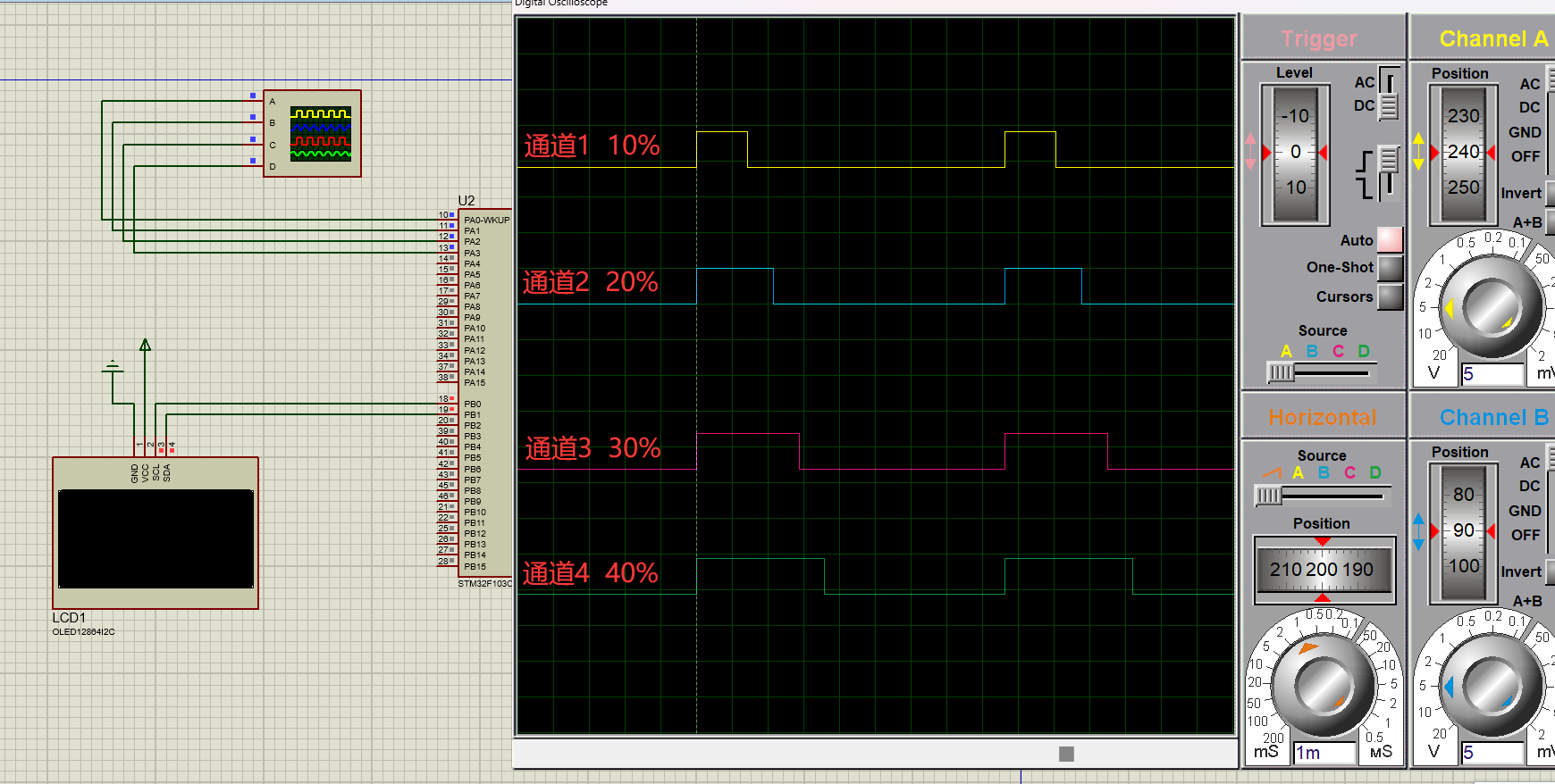 STM32利用标准库<span style='color:red;'>编写</span><span style='color:red;'>同时</span><span style='color:red;'>输出</span>4<span style='color:red;'>路</span>PWM信号<span style='color:red;'>的</span>程序（Proteus）仿真