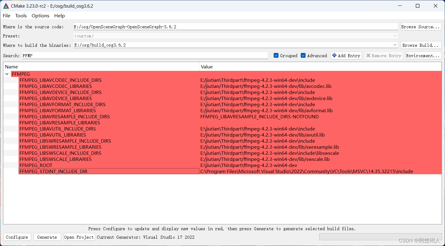 CMake生成osg的FFMPEG插件及Windows下不生成VS工程问题解决