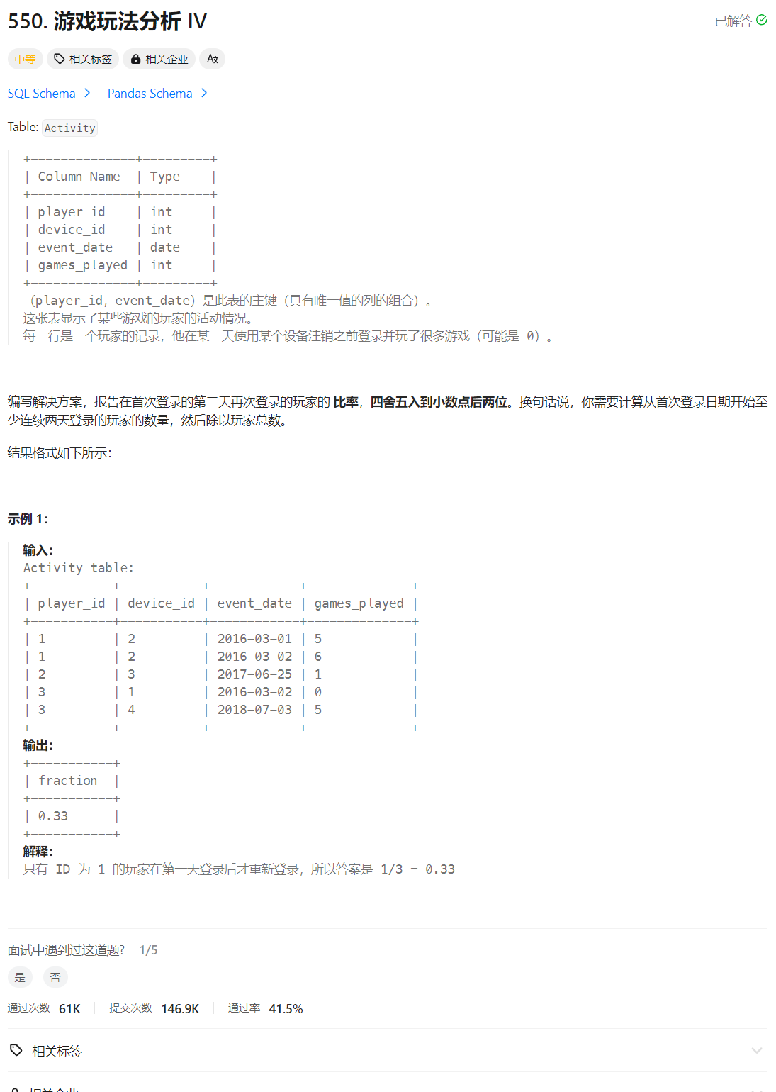 力扣SQL50 游戏玩法分析 IV 子查询