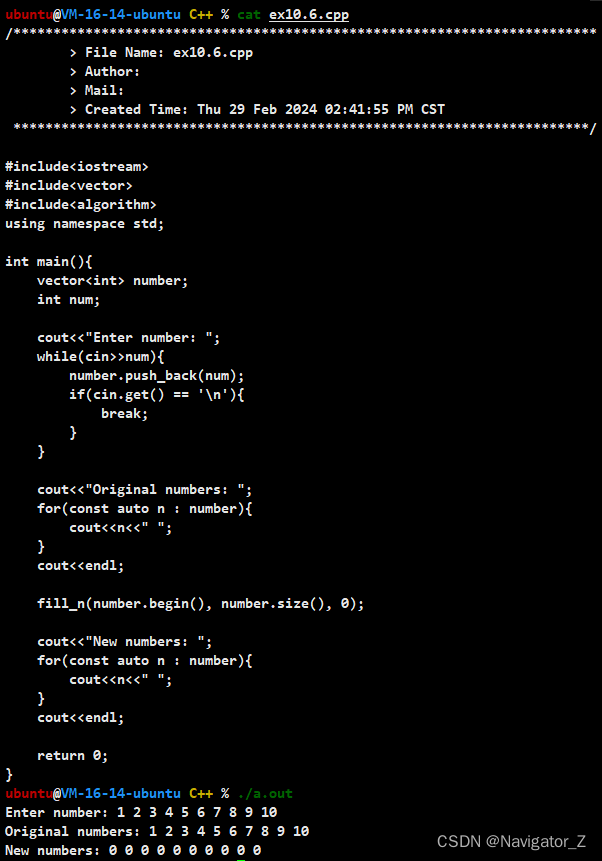 C++ //练习 10.6 编写程序，使用fill_n将一个序列中的int值都设置为0。