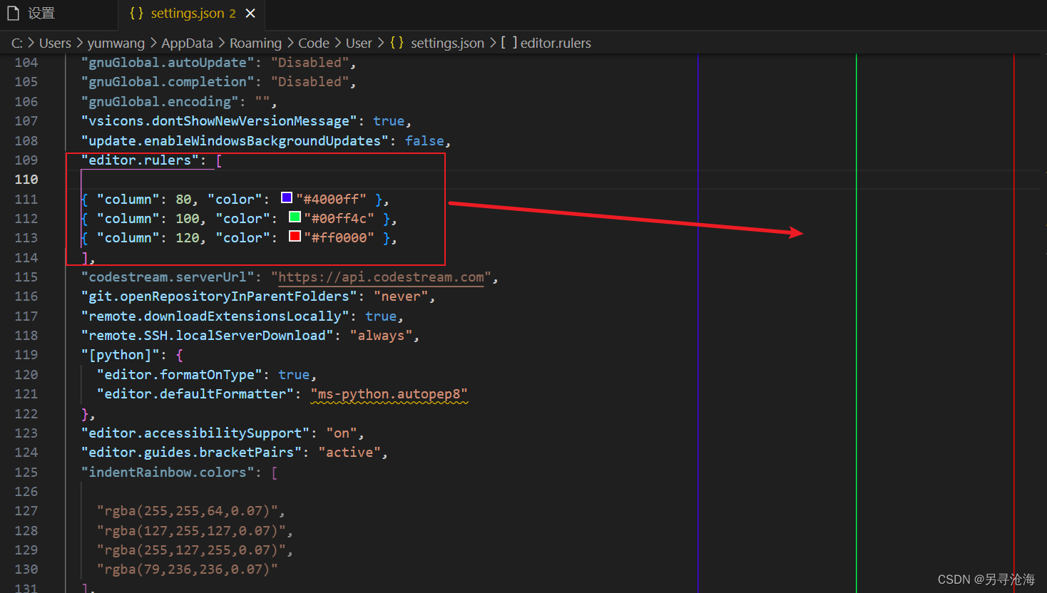 vscode显示120字符或者80字符提示线或者显示垂直标尺