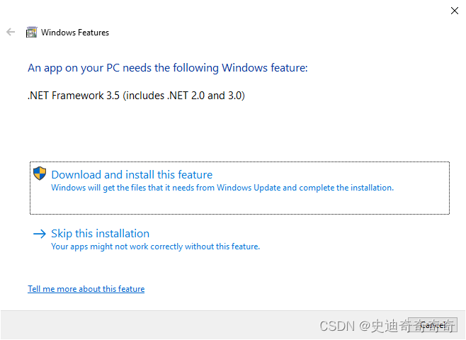 Windows Features dialog box suggesting to install .NET Framework 3.5.