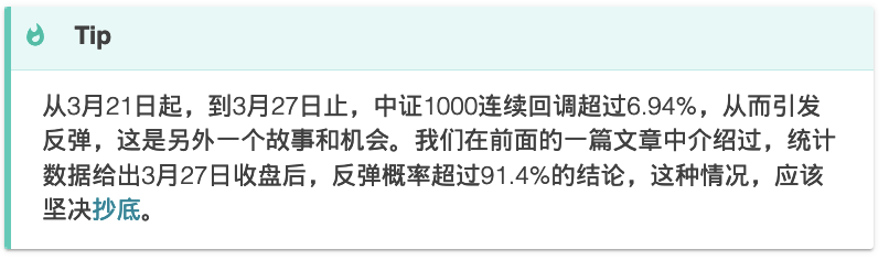 !!!tip
从3月21日起，到3月27日止，中证1000连续回调超过6.94%，从而引发反弹，这是另外一个故事和机会。我们在前面的一篇文章中介绍过，统计数据给出3月27日收盘后，反弹概率超过91.4%的结论，这种情况，应该坚决**抄底**。