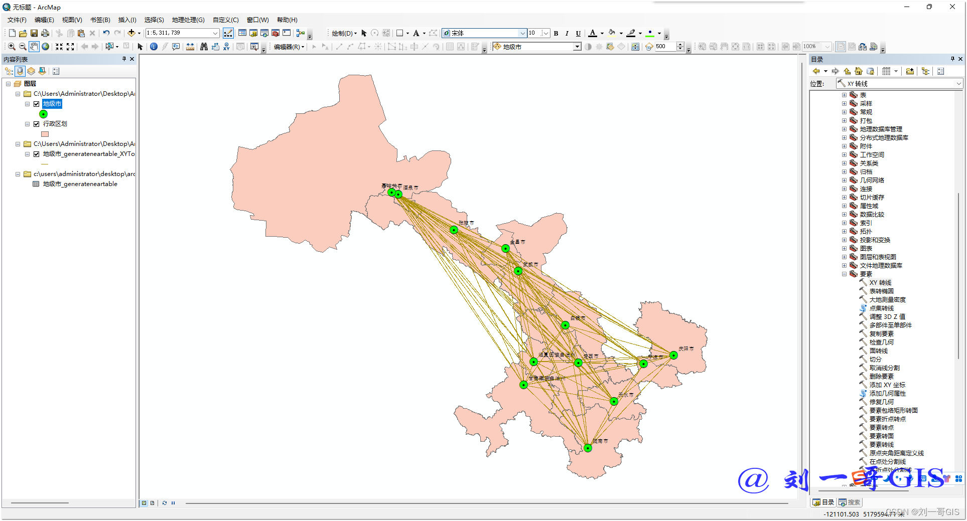 ArcGIS如何计算地级市间的距离