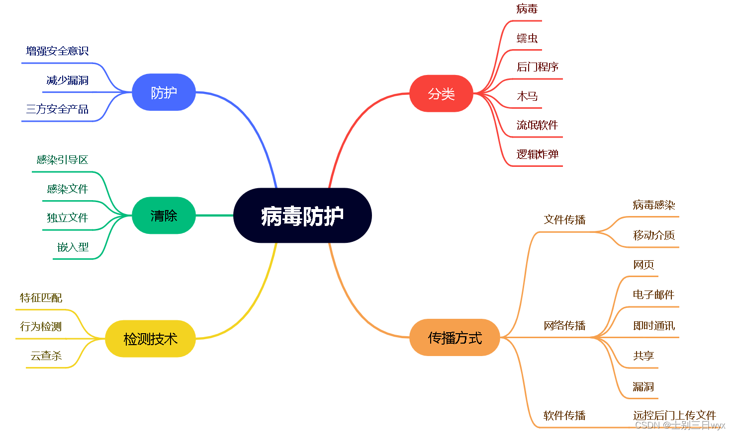 病毒防护：恶意代码检测技术，病毒分类、传播方式，恶意代码的清除与防护