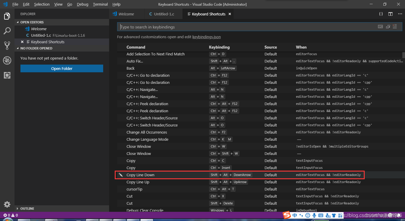 vscode 向下复制当前行（即visual studio 中的Ctrl + D）功能快捷键