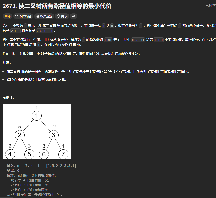 【LeetCode】每日一题：使二叉树所有路径值相等的最小代价