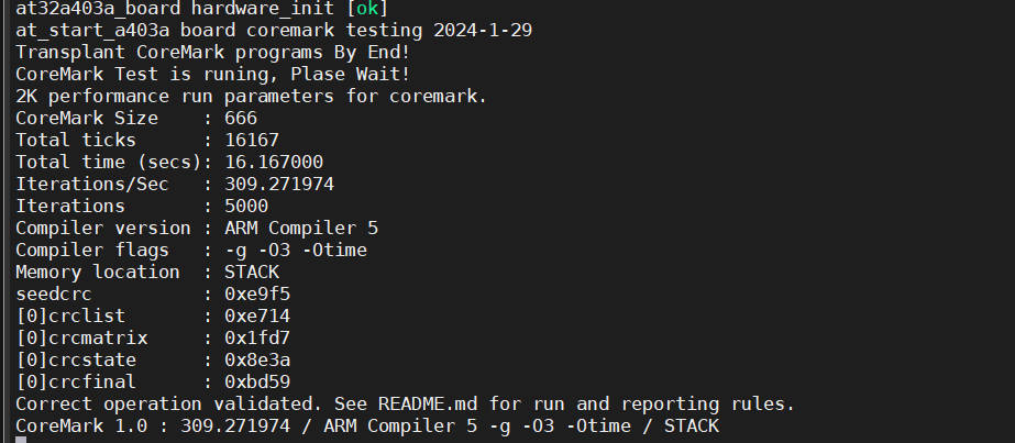 雅特力AT32A403开发板评测 02 CoreMark移植测试