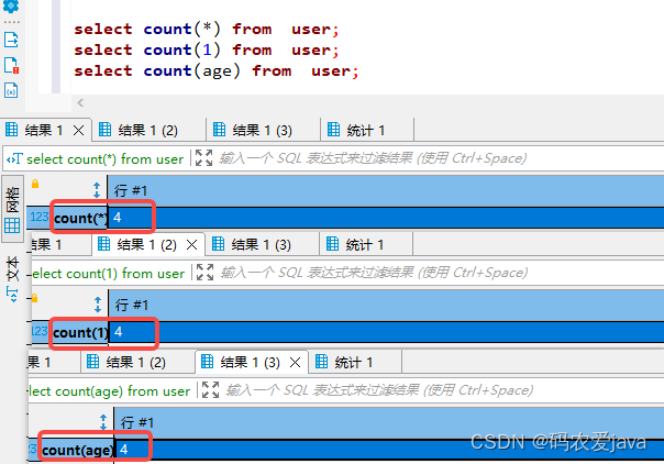 MySQL--select <span style='color:red;'>count</span>(*)、<span style='color:red;'>count</span>(<span style='color:red;'>1</span>)、<span style='color:red;'>count</span>(<span style='color:red;'>列</span><span style='color:red;'>名</span>) <span style='color:red;'>的</span><span style='color:red;'>区别</span>你知道吗？