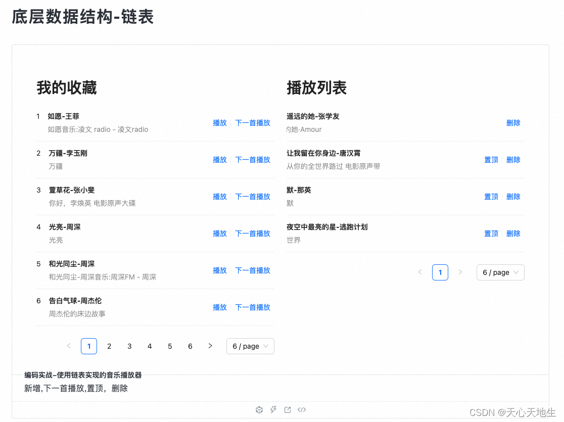 js使用链表实现音乐播放器（新增,下一首播放,置顶，删除）