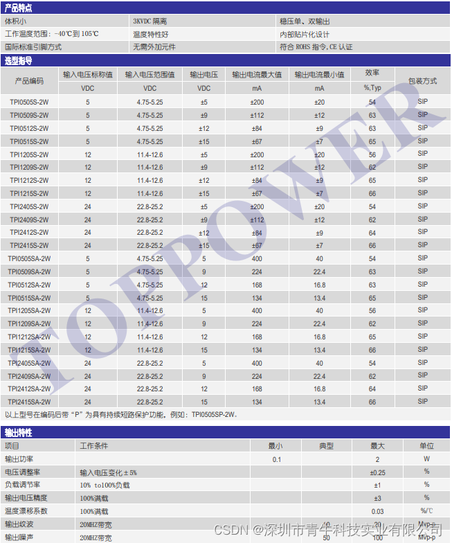 2W,3KVDC隔离 定电压输入，稳压单、双路输出DC-DC模块电源——TPI-2W 系列