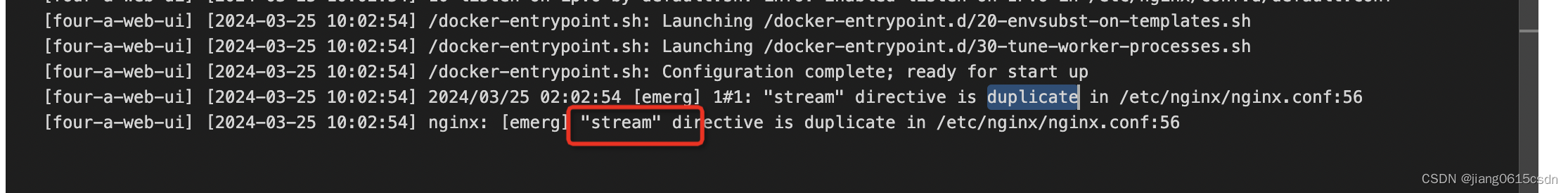 nginx: [emerg] stream directive is duplicate in /etc/nginx/nginx.conf:56