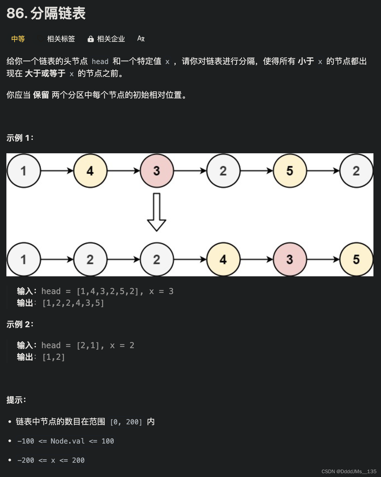 C语言 | <span style='color:red;'>Leetcode</span> C语言题解之第<span style='color:red;'>86</span>题<span style='color:red;'>分隔</span><span style='color:red;'>链</span><span style='color:red;'>表</span>