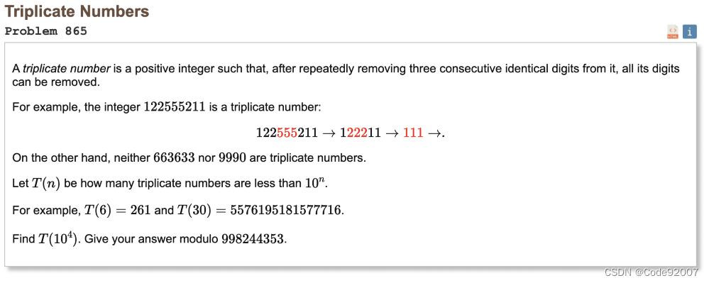 Project Euler 865 Triplicate Numbers（线性dp）