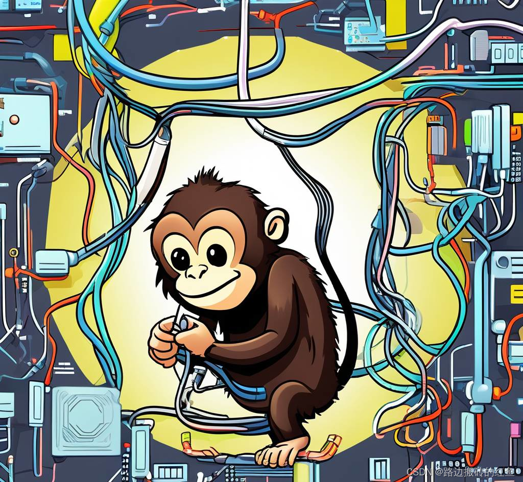 一只猴子在接线，背景是集成电路，整个场景采用了幽默卡通风格，色彩鲜艳