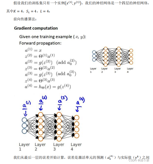 假设我们的训练集只有一个实例(𝑥(1), 𝑦(1))，我们的神经网络是一个四层的神经网络，
其中𝐾 = 4，𝑆𝐿 = 4，𝐿 = 4：