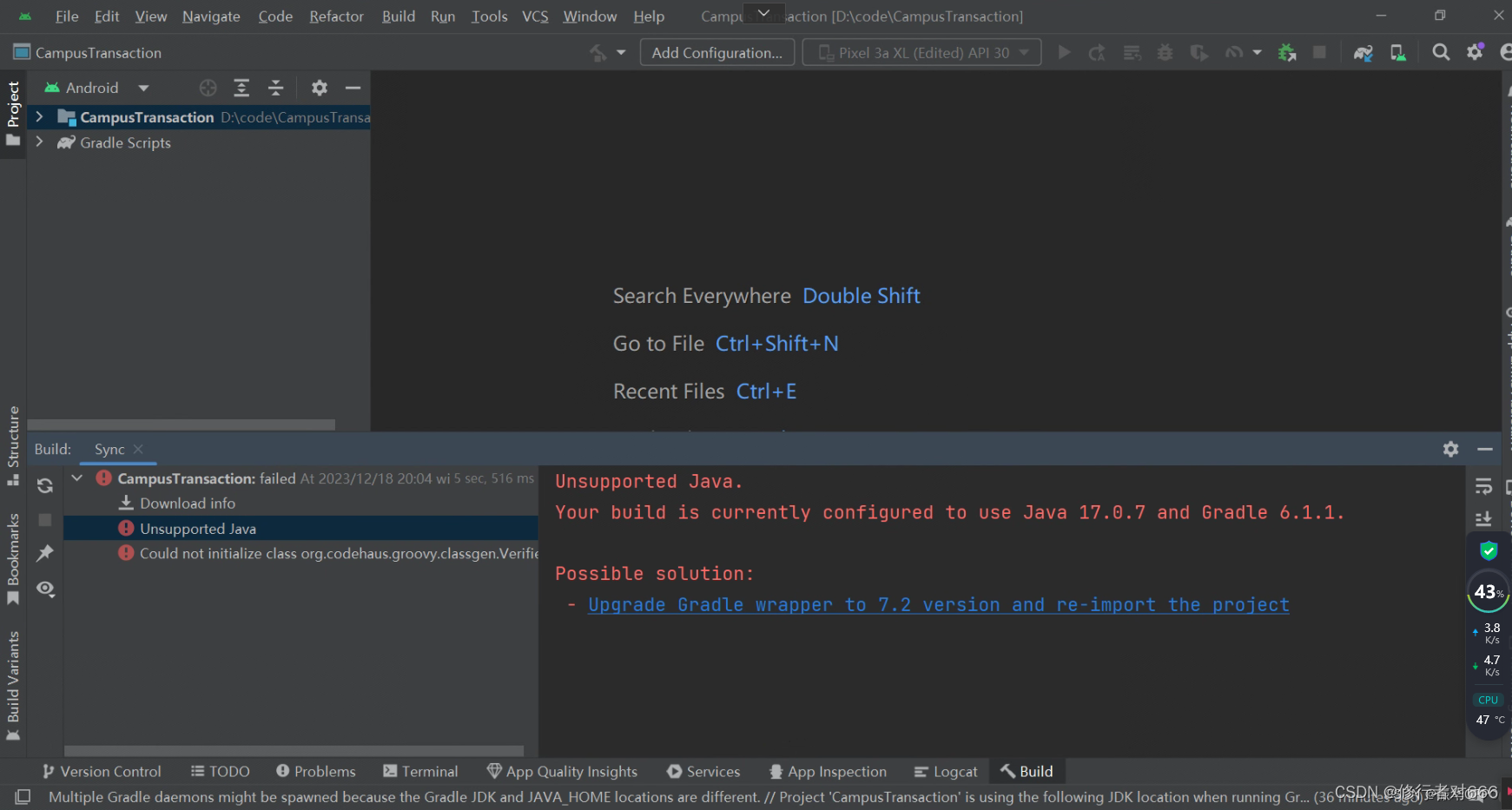 Unsupported Java. Your build is currently configured to use Java 17.0.7