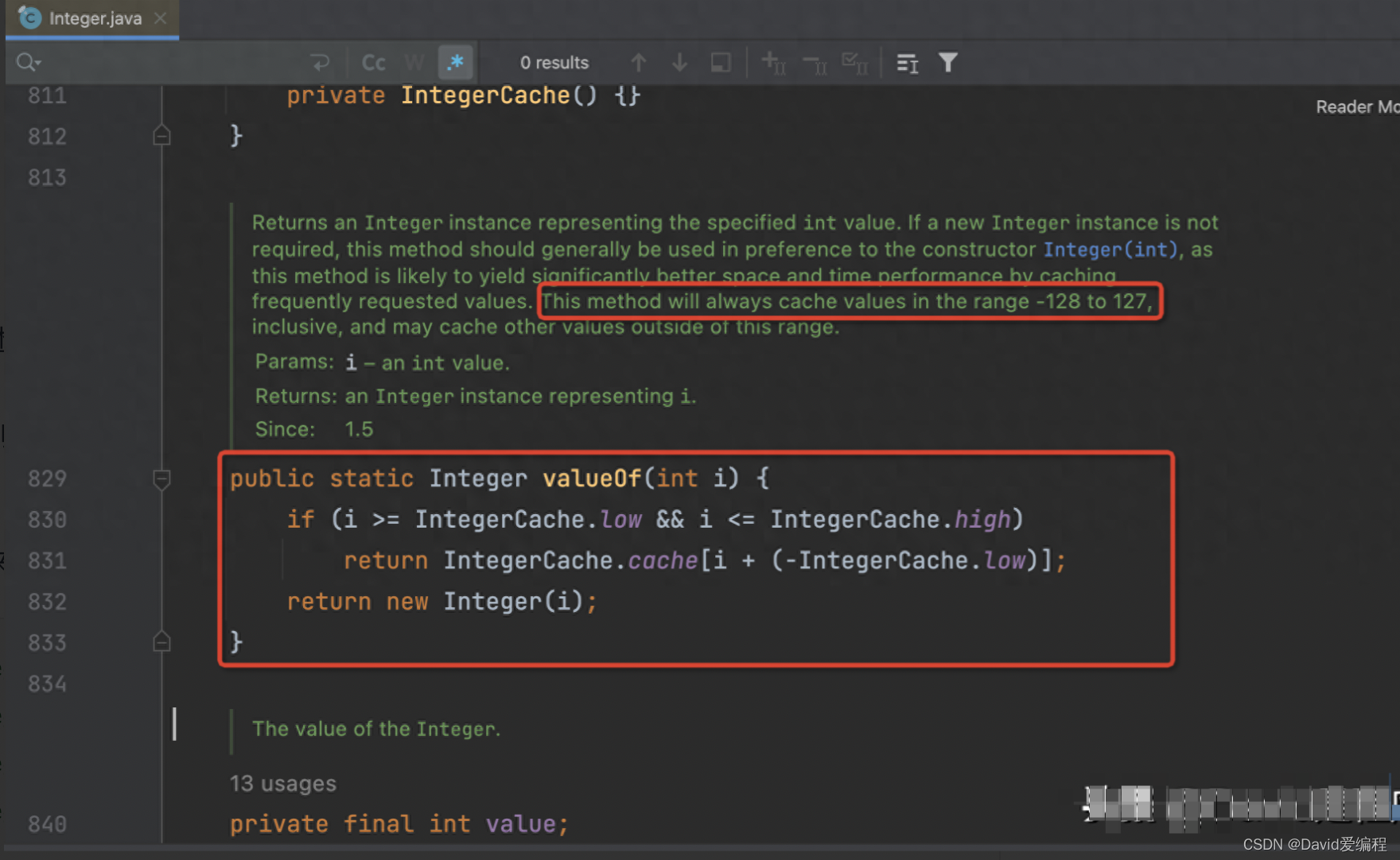 Java中Integer(127)==Integer(127)为True，Integer(128)==Integer(128)却为False，这是为什么？