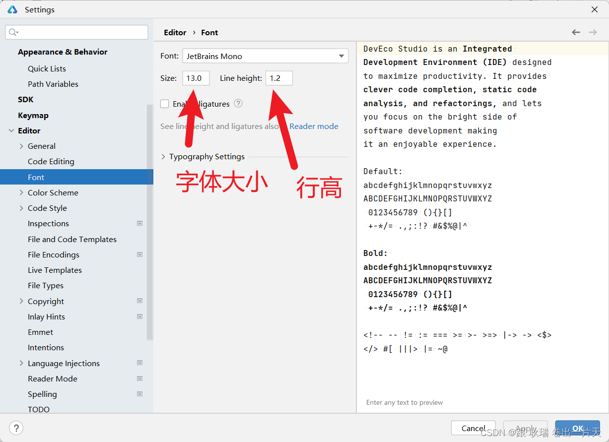 DevEco Studio 调整开发工具中的字体大小与行高