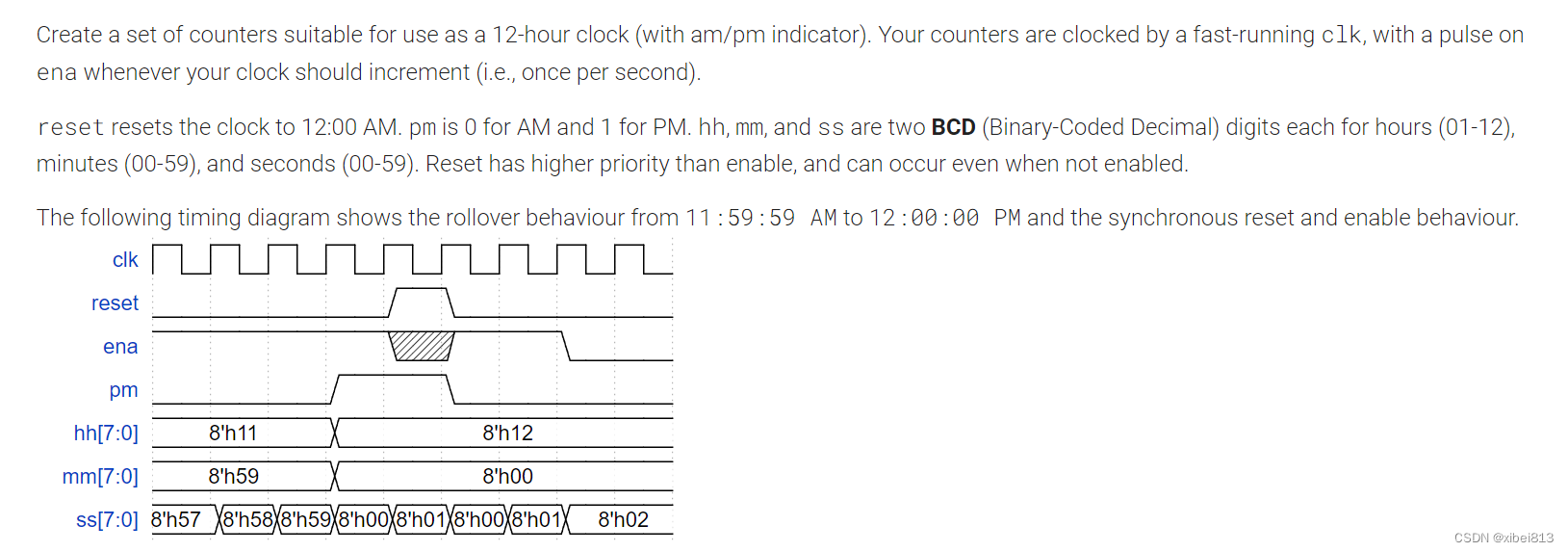 verilog1 HDLbits:12 hour clock(12小时计时器）