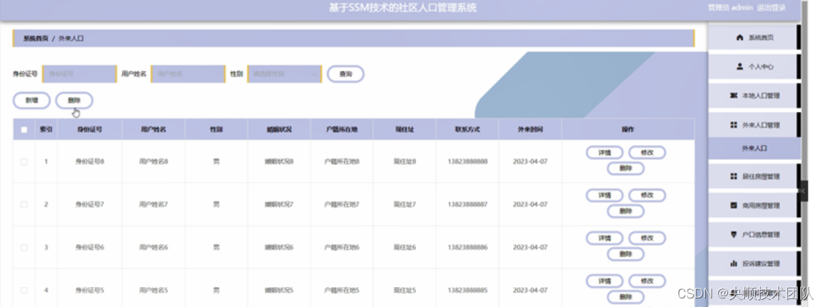 图5-4外来人口管理界面