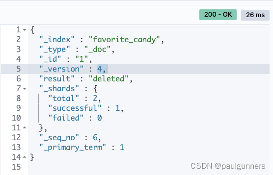 elasticsearch 的预期响应:delete favorite_candy/_doc/1举例:delete