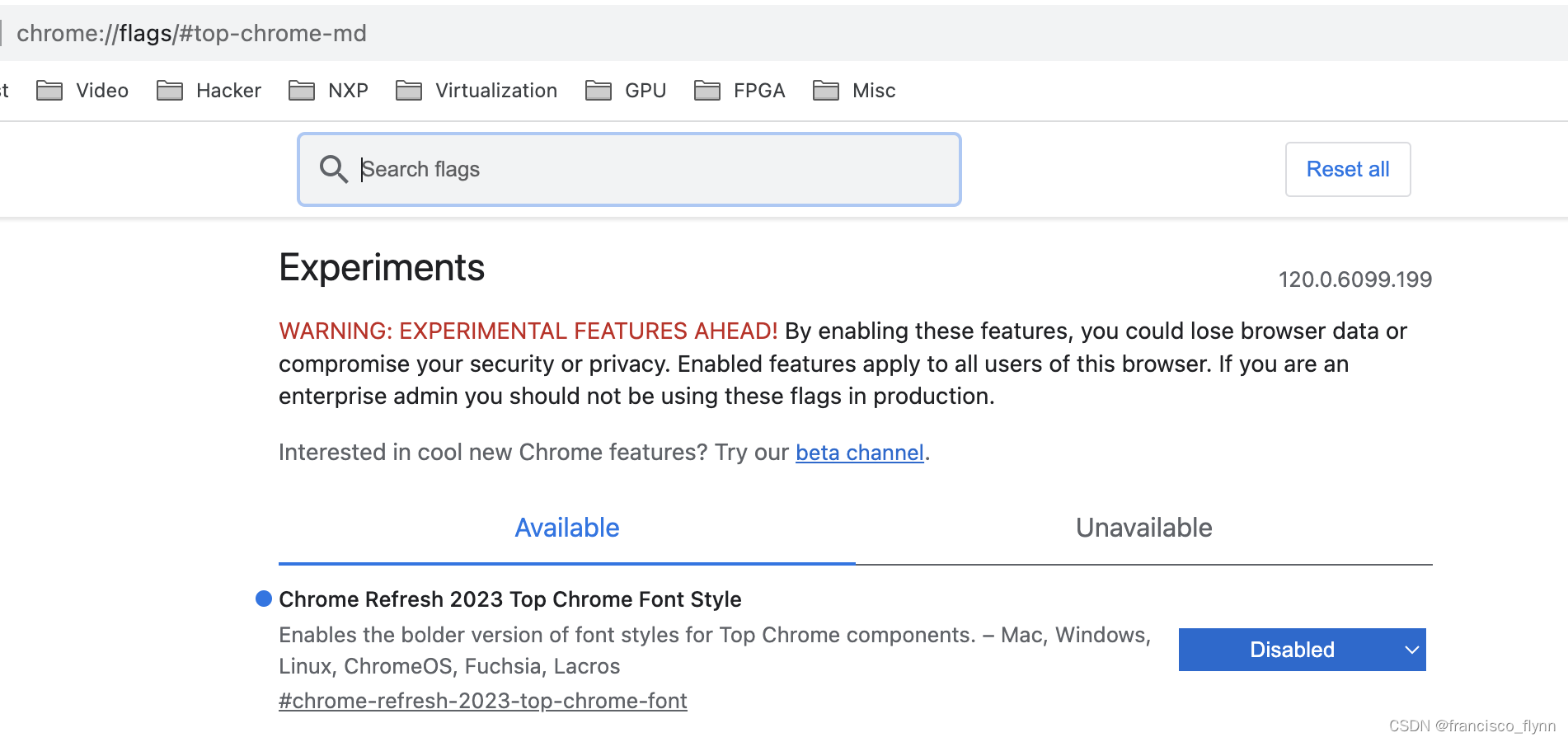 谷歌chrome浏览器升级 120.0 后书签显示变黑变粗的解决方式