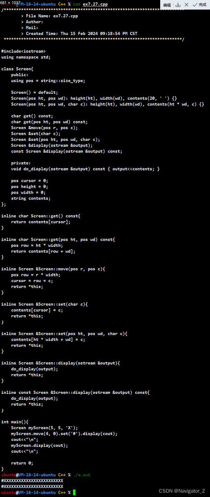 C++ //练习 7.27 给你自己的Screen类添加move、set和display函数，通过执行下面的代码检验你的类是否正确。