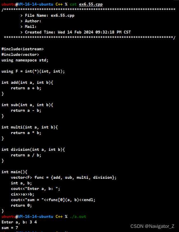 C++ //练习 6.55 编写4个函数，分别对两个int值执行加、减、乘、除运算；在上一题创建的vector对象中保存指向这些函数的指针。